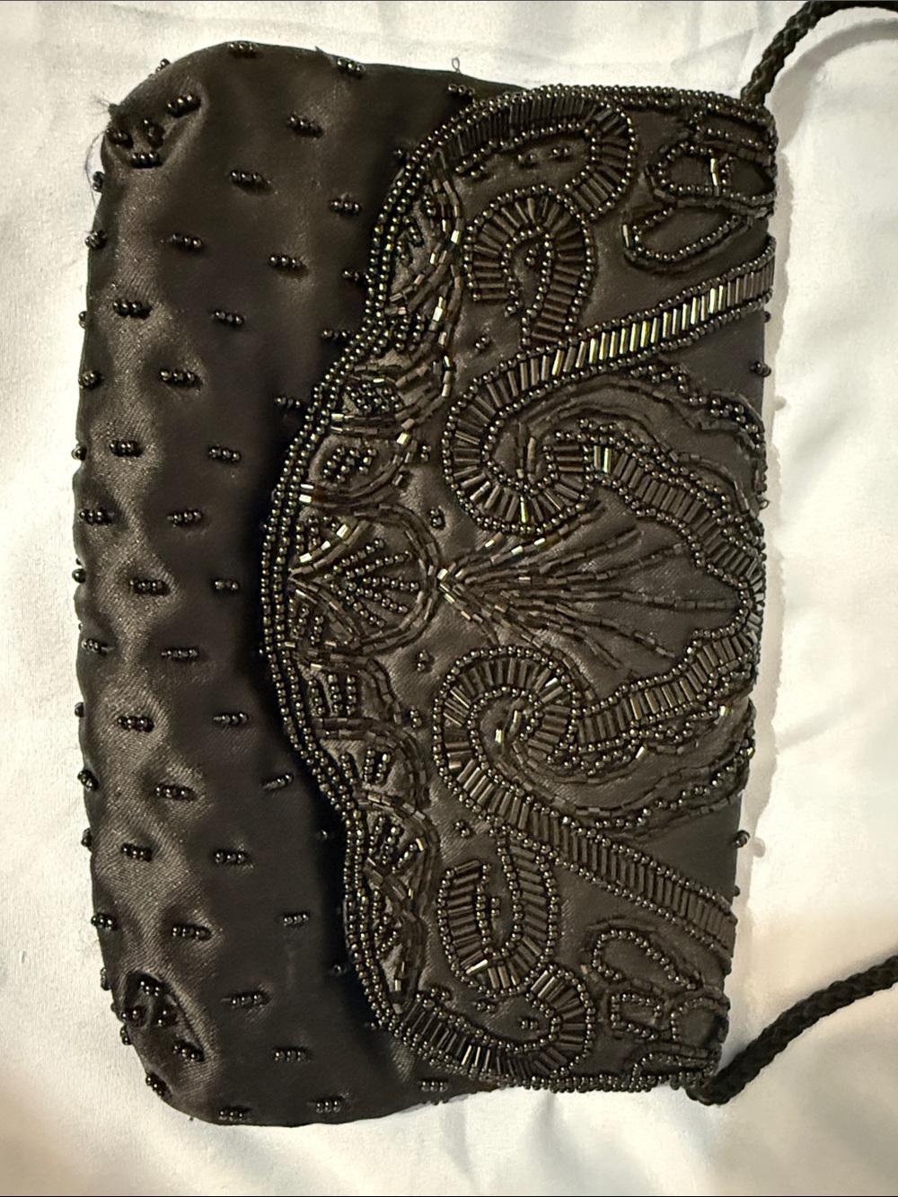 Black Beaded Evening Clutch with Scalloped Flap